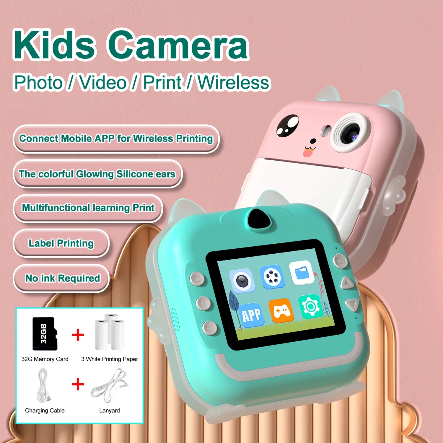 Q5 Kids Camera Instant Print Photo Children Inkless Mini Printer Digital Camera 32G TF Card Video Educational Toys Boy Girl Gift